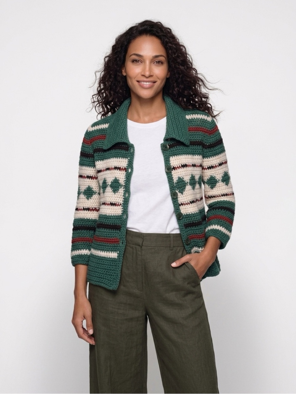 Vintage 70s Handmade Crochet Cardigan - Forest Green Lodge Sweater - Diamond Arg